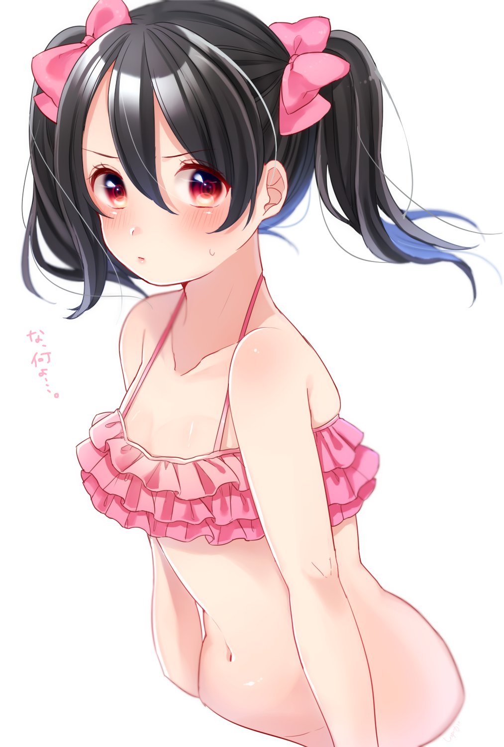 1girl bangs bikini black_hair blush bow collarbone cropped_torso frilled_bikini frills hair_bow halterneck highres looking_at_viewer love_live! love_live!_school_idol_project midriff navel pink_bikini pink_bow pout red_eyes shuga_(0329tixi) simple_background solo sweatdrop swimsuit translated twintails upper_body v-shaped_eyebrows white_background yazawa_nico