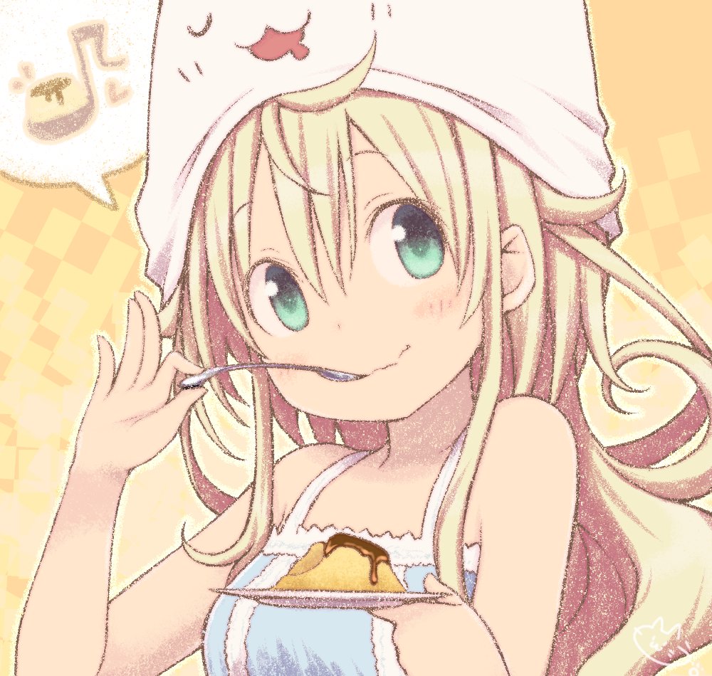 1girl :3 ahoge animal_hat aqua_eyes bangs blonde_hair cat_hat drooling eating eyebrows_visible_through_hair food hair_between_eyes hair_flaps hat holding holding_plate holding_spoon kuro_(kuroneko_no_kanzume) long_hair musical_note original plate pudding smile solo spoken_food spoken_musical_note spoon spoon_in_mouth u_u upper_body white_hat yellow_background