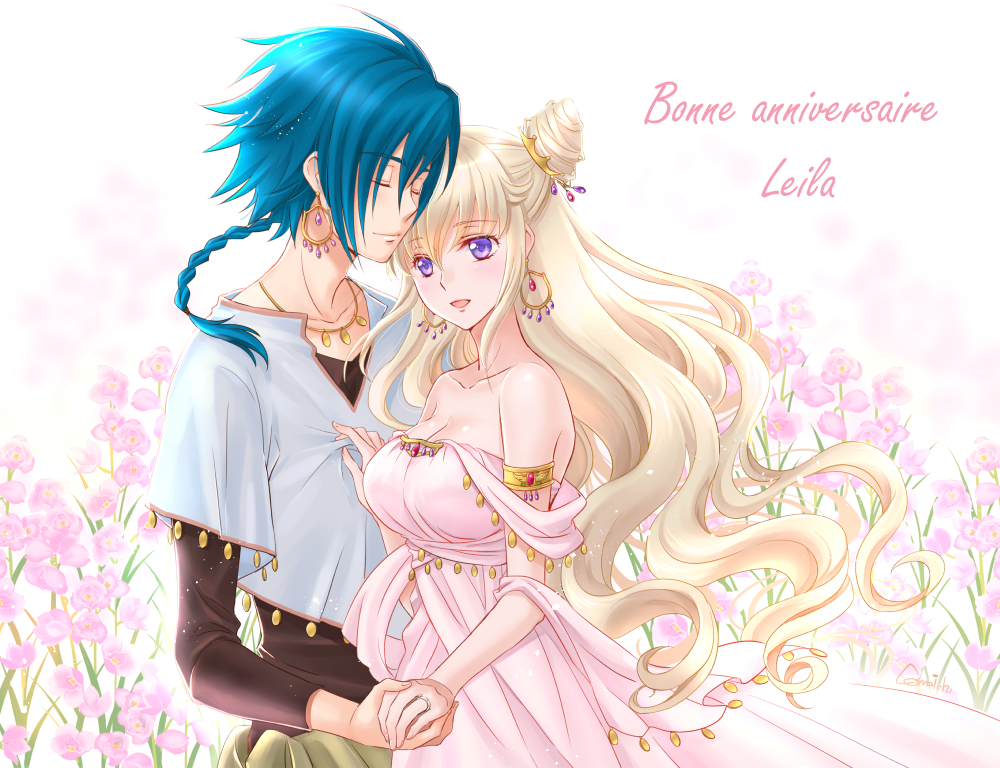 :d armlet black_shirt blonde_hair blue_hair braid breasts character_name closed_eyes code_geass:_boukoku_no_akito cola collarbone couple dress earrings eyebrows_visible_through_hair floating_hair flower french hair_between_eyes hair_bun hair_ornament happy_birthday holding_hand hyuuga_akito jewelry komaichi large_breasts leila_(code_geass) long_hair necklace open_mouth pink_dress pink_flower ponytail ranguage ring shiny shiny_skin shirt single_braid sleeveless sleeveless_dress smile standing very_long_hair violet_eyes wedding_ring white_background