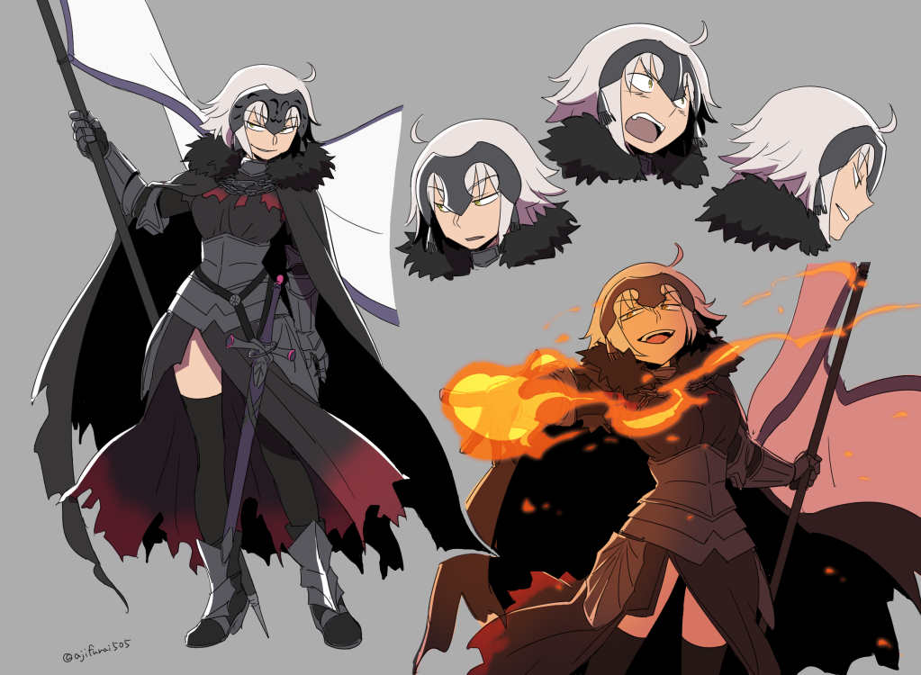 1girl :d ahoge armor armored_boots armored_dress asaya_minoru bangs black_cape black_dress black_footwear black_legwear boots breasts cape chains commentary_request dress eyebrows_visible_through_hair fate/apocrypha fate/grand_order fate_(series) fire flag fur-trimmed_cape fur_trim gauntlets grey_background headpiece holding holding_flag jeanne_d'arc_(alter)_(fate) jeanne_d'arc_(fate)_(all) looking_at_viewer looking_away medium_breasts multiple_views open_mouth outstretched_arm parted_lips profile silver_hair simple_background smile standing sword thigh-highs twitter_username upper_teeth v-shaped_eyebrows weapon white_flag yellow_eyes
