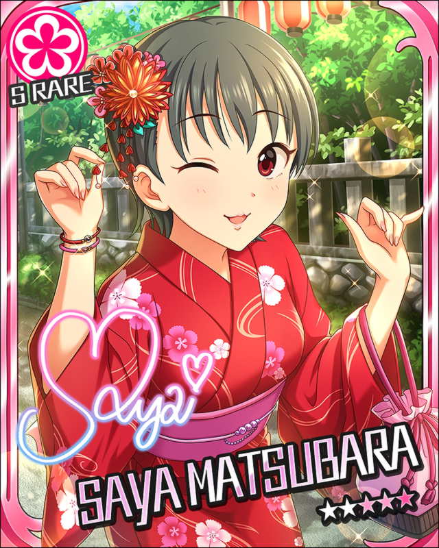 blush character_name grey_hair idolmaster idolmaster_cinderella_girls kimono matsubara_saya red_eyes short_hair smile stars wink