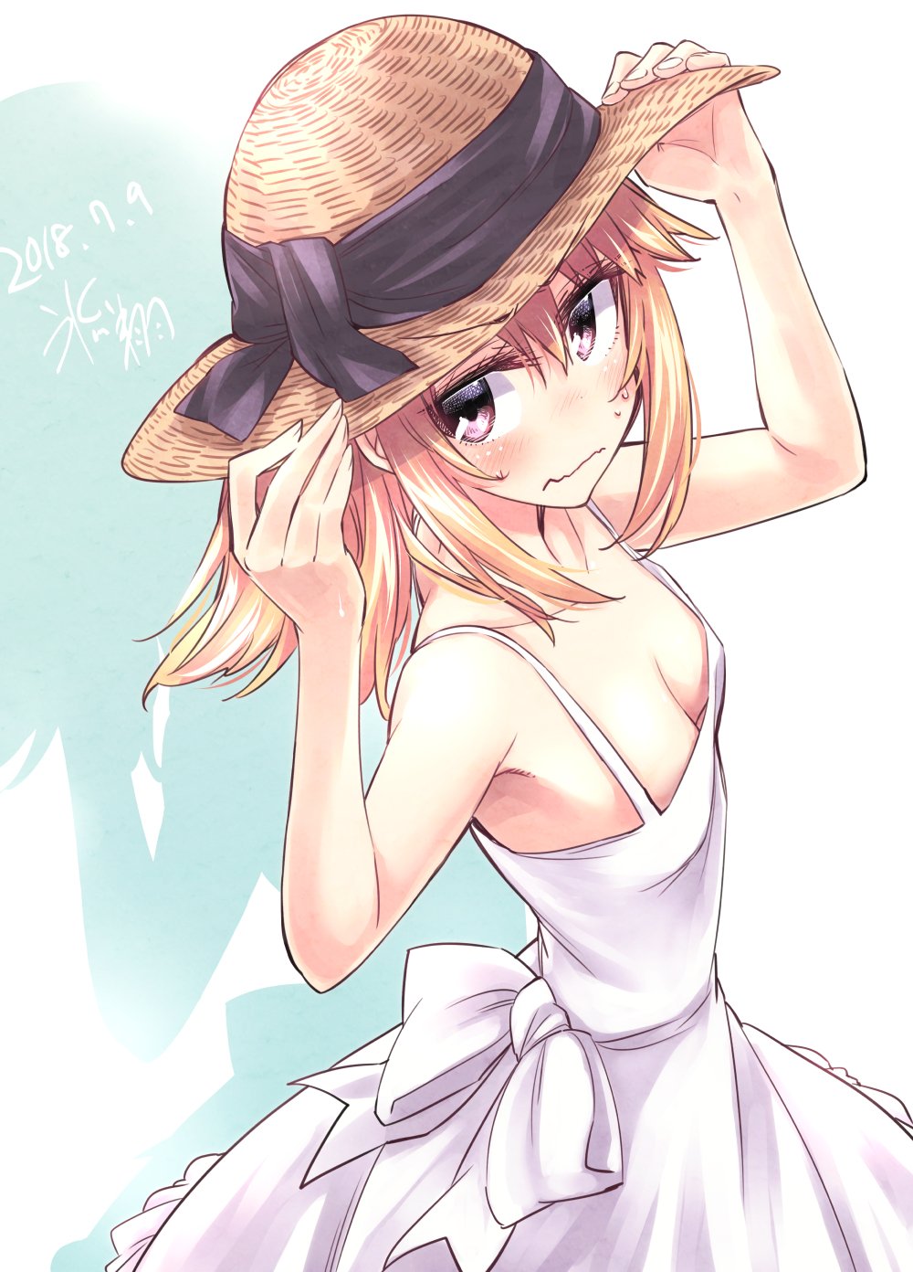 blonde_hair blush breasts character_request cleavage copyright_request downblouse dress dutch_angle from_above hair_between_eyes hat highres hikawa_shou holding holding_hat short_hair small_breasts straw_hat sundress sweat violet_eyes wavy_mouth