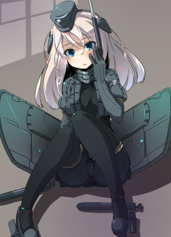 1girl black_footwear black_legwear black_shirt black_skirt blue_eyes elbow_gloves eyebrows_visible_through_hair gloves green_gloves green_hat green_jacket hand_on_own_cheek hat head_tilt headgear jacket kantai_collection mecha_musume miniskirt open_clothes open_jacket panties panties_under_pantyhose pantyhose pantyshot pantyshot_(sitting) pleated_skirt shirt shoes silver_hair sitting skirt solo sw tearing_up u-511_(kantai_collection) underwear