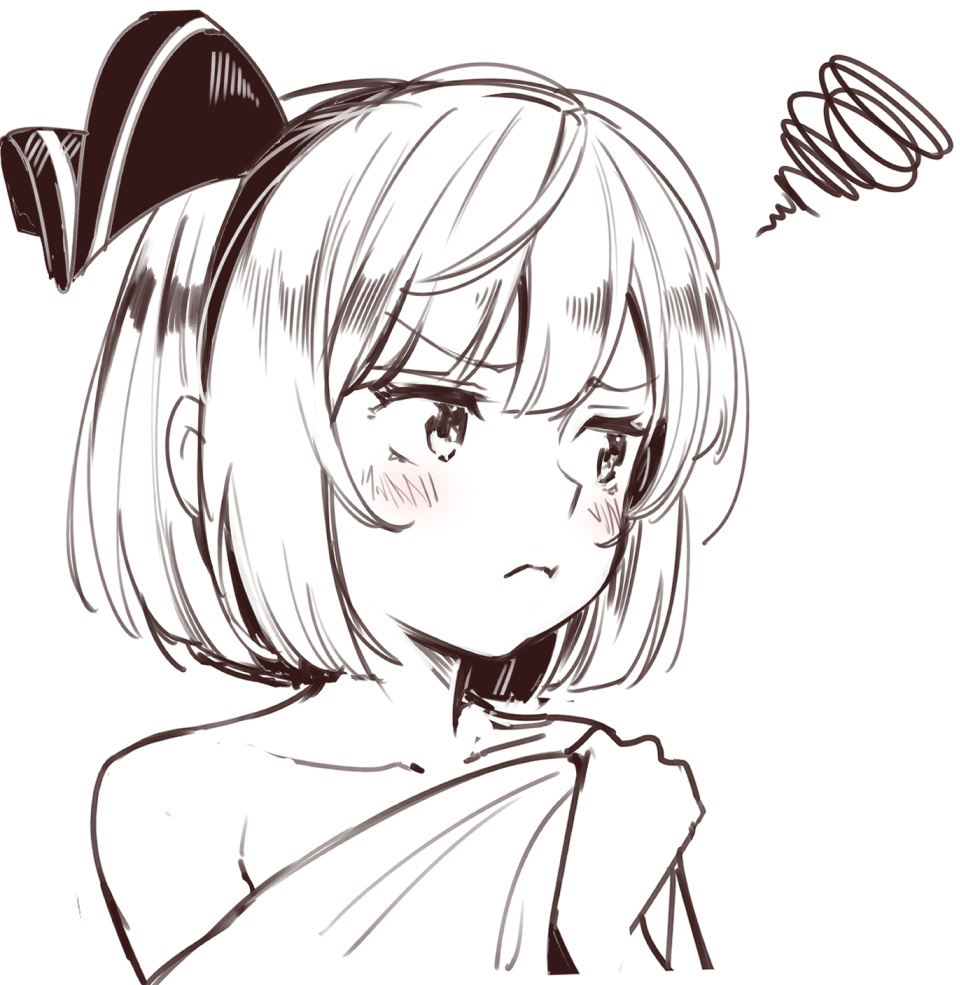 1girl asutora bare_shoulders blush collarbone covering covering_breasts eyebrows_visible_through_hair greyscale hair_ornament hairband hand_up konpaku_youmu looking_away looking_to_the_side monochrome naked_towel short_hair solo squiggle touhou towel upper_body