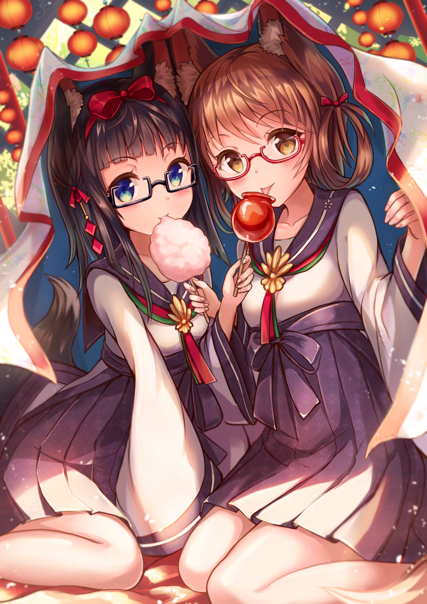 2girls animal_ears bangs black-framed_eyewear black_hair blue_eyes blue_hakama blunt_bangs blush brown_eyes brown_hair candy_apple commentary_request cotton_candy eating eyebrows_visible_through_hair food fox_ears fox_tail glasses green_neckwear hair_ornament hair_ribbon hair_rings hakama highres holding holding_food japanese_clothes lantern licking long_sleeves looking_at_viewer medium_hair multiple_girls neck_ribbon original paper_lantern rectangular_eyewear red-framed_eyewear red_neckwear red_ribbon ribbon sailor_collar sakura_ani semi-rimless_eyewear sitting smile tail tongue tongue_out under-rim_eyewear under_covers