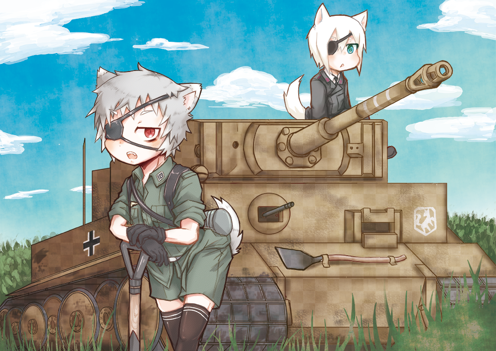 2boys @_@ animal_ears artist_request blue_eyes caterpillar_tracks clouds dog_ears dog_tail eyepatch grass grey_hair ground_vehicle military military_uniform military_vehicle motor_vehicle multiple_boys open_mouth original red_eyes short_hair shovel sky tail tank tiger_i tree uniform white_hair wolf_ears wolf_tail