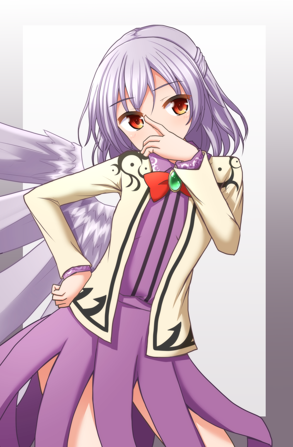 1girl beige_jacket border bow bowtie brooch commentary_request covered_mouth cowboy_shot dress eyebrows_visible_through_hair feathered_wings gradient gradient_background gradient_border grey_background grey_border hand_on_hip hand_up head_tilt highres jacket jewelry kishin_sagume long_sleeves looking_at_viewer purple_dress red_bow red_eyes red_neckwear short_hair silver_hair single_wing solo standing teoi_(good_chaos) thighs touhou wings