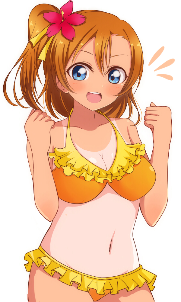 1girl bikini blue_eyes breasts cleavage clenched_hand cowboy_shot flower frilled_bikini frills hair_flower hair_ornament hibiscus kousaka_honoka looking_at_viewer love_live! love_live!_school_idol_project medium_breasts navel one-piece_tan one_side_up orange_bikini orange_hair short_hair simple_background solo swimsuit tan tanline wewe white_background