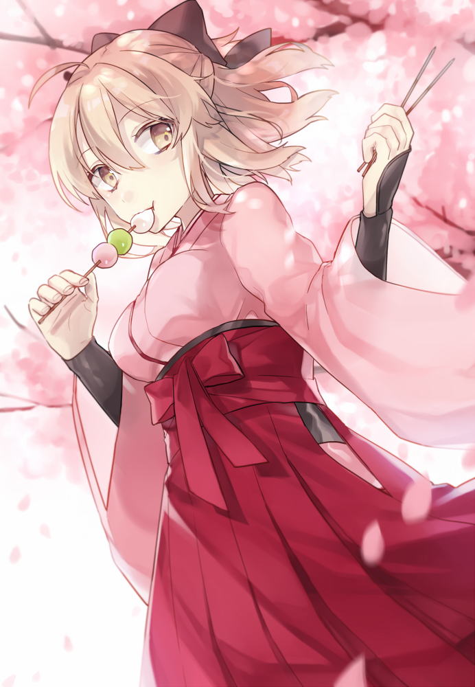 1girl black_bow blonde_hair bow cherry_blossoms dango dutch_angle eating eyebrows_visible_through_hair fate/grand_order fate_(series) floating_hair food from_below hair_between_eyes hair_bow hakama holding_stick japanese_clothes kimono okita_souji_(fate) okita_souji_(fate)_(all) pink_kimono red_hakama shiao short_hair solo standing wagashi yellow_eyes