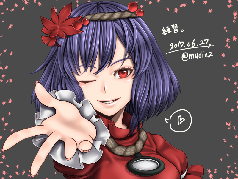 1girl dated hair_ornament headband heart leaf leaf_hair_ornament looking_at_viewer maple_leaf mirror mudix2 one_eye_closed outstretched_hand purple_hair red_eyes rope shimenawa short_hair signature smile solo speech_bubble spoken_heart touhou translated twitter_username yasaka_kanako