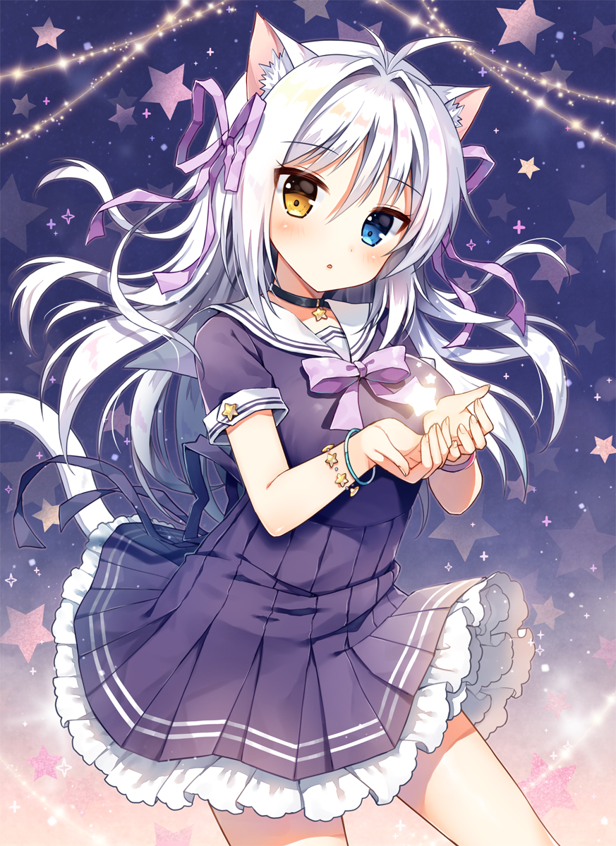 1girl :o animal_ears antenna_hair bangs black_choker black_serafuku black_shirt black_skirt blue_eyes blush breasts brown_eyes cat_ears choker collarbone commentary eyebrows_visible_through_hair fingernails hair_between_eyes hair_intakes hair_ribbon hands_up head_tilt heterochromia high-waist_skirt highres long_hair looking_at_viewer mauve medium_breasts original parted_lips pleated_skirt purple_ribbon ribbon sailor_collar school_uniform serafuku shirt short_sleeves silver_hair skirt solo star very_long_hair white_sailor_collar