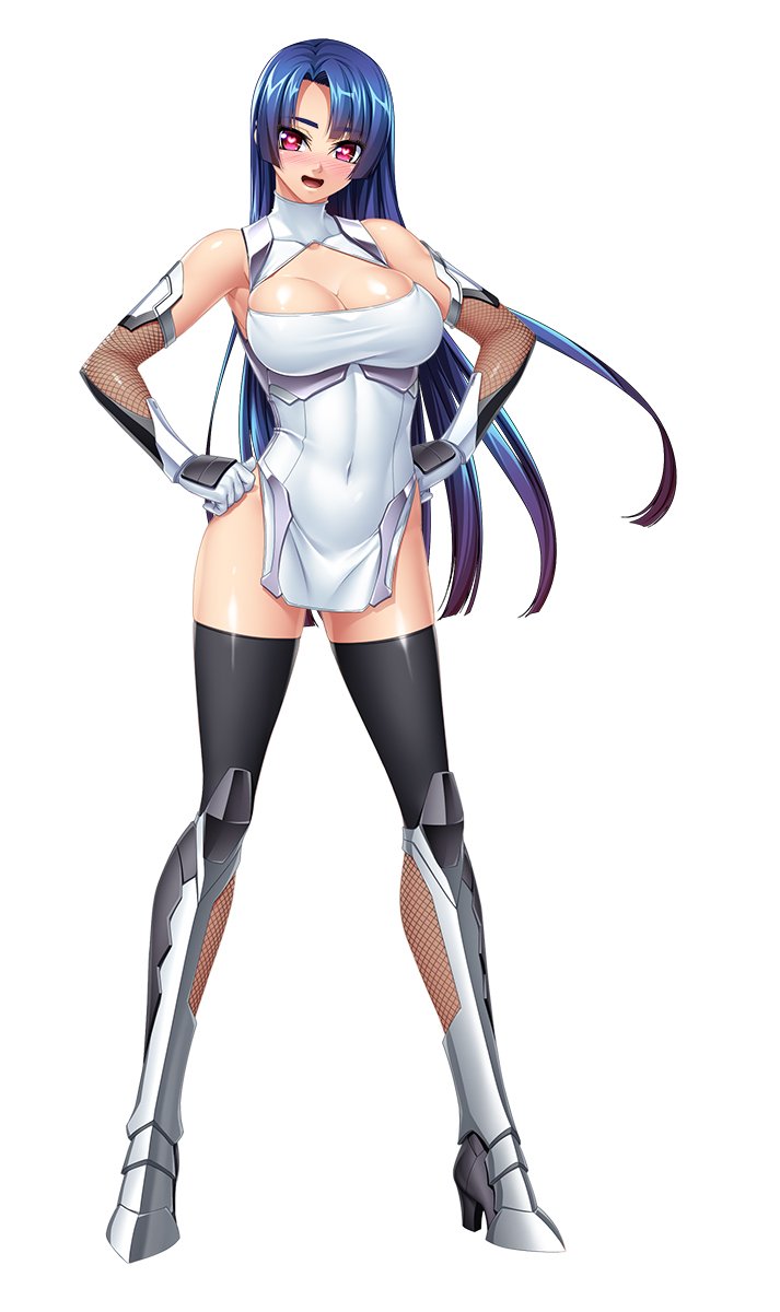 1girl bangs bare_shoulders black_legwear blue_hair blush breasts commentary_request covered_navel dress elbow_gloves eyebrows_visible_through_hair fishnets full_body gloves gradient gradient_hair hands_on_hips heart heart-shaped_pupils highres kagami_hirotaka large_breasts long_hair looking_at_viewer multicolored_hair official_art open_mouth pelvic_curtain red_eyes shiny shiny_hair shiny_skin short_dress simple_background sleeveless smile solo standing symbol-shaped_pupils taimanin_(series) taimanin_murasaki thigh-highs turtleneck white_background yatsu_murasaki