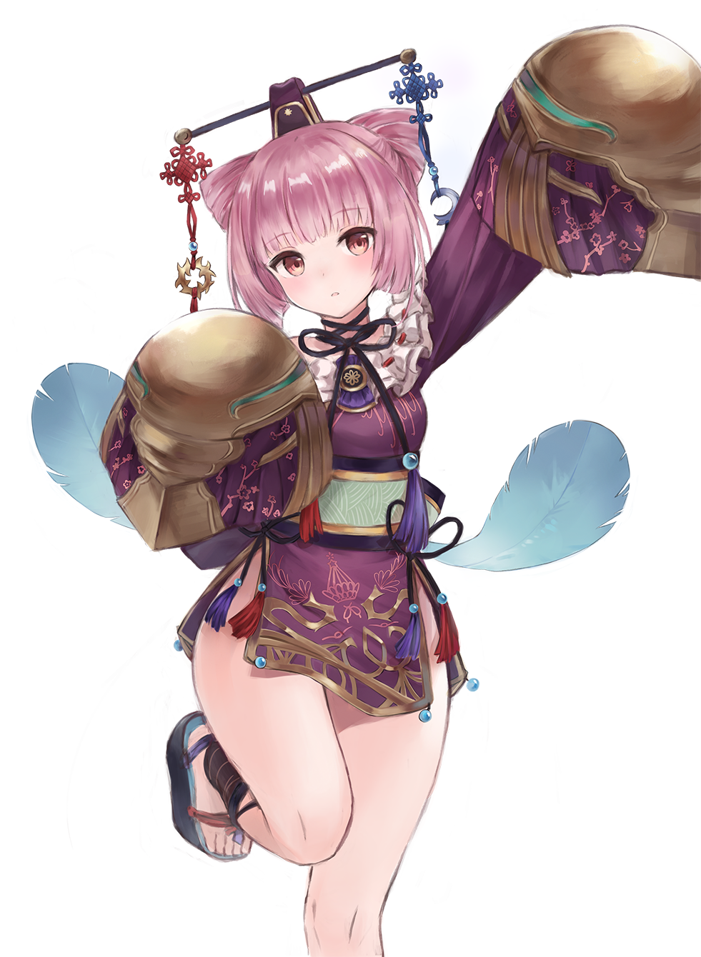 1girl arm_up atelier_(series) atelier_sophie bare_legs black_bow bow brown_eyes cornelia_(atelier) cowboy_shot dalachi_(headdress) double_bun dress expressionless feathers fuwawa_(fuwawa617) hair_ornament highres looking_at_viewer miniskirt pink_hair purple_dress sandals short_hair simple_background skirt sleeves_past_wrists solo standing standing_on_one_leg thighs white_background