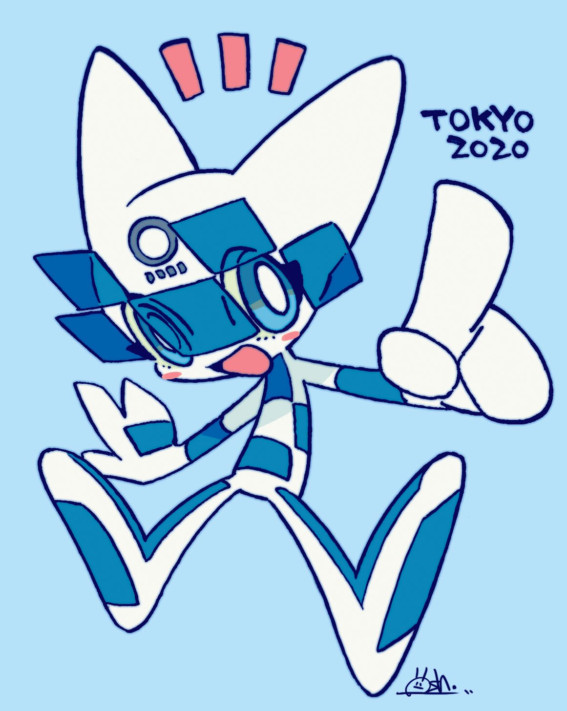 1boy 2020_summer_olympics blue_background blue_eyes highres kaneko_sake looking_at_viewer male_focus mascot miraitowa olympics open_mouth pointing signature simple_background smile solo
