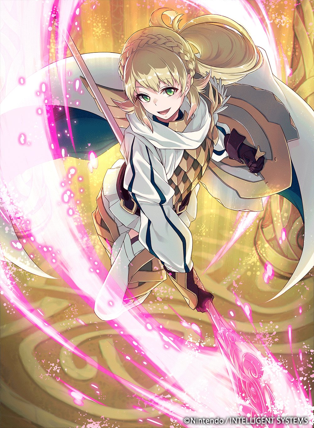 1girl 40hara armor blonde_hair braid brown_gloves cape company_name crown_braid fire_emblem fire_emblem_cipher fire_emblem_heroes gloves green_eyes highres holding holding_shield holding_weapon long_hair long_sleeves official_art open_mouth polearm sharena shield skirt solo weapon white_skirt