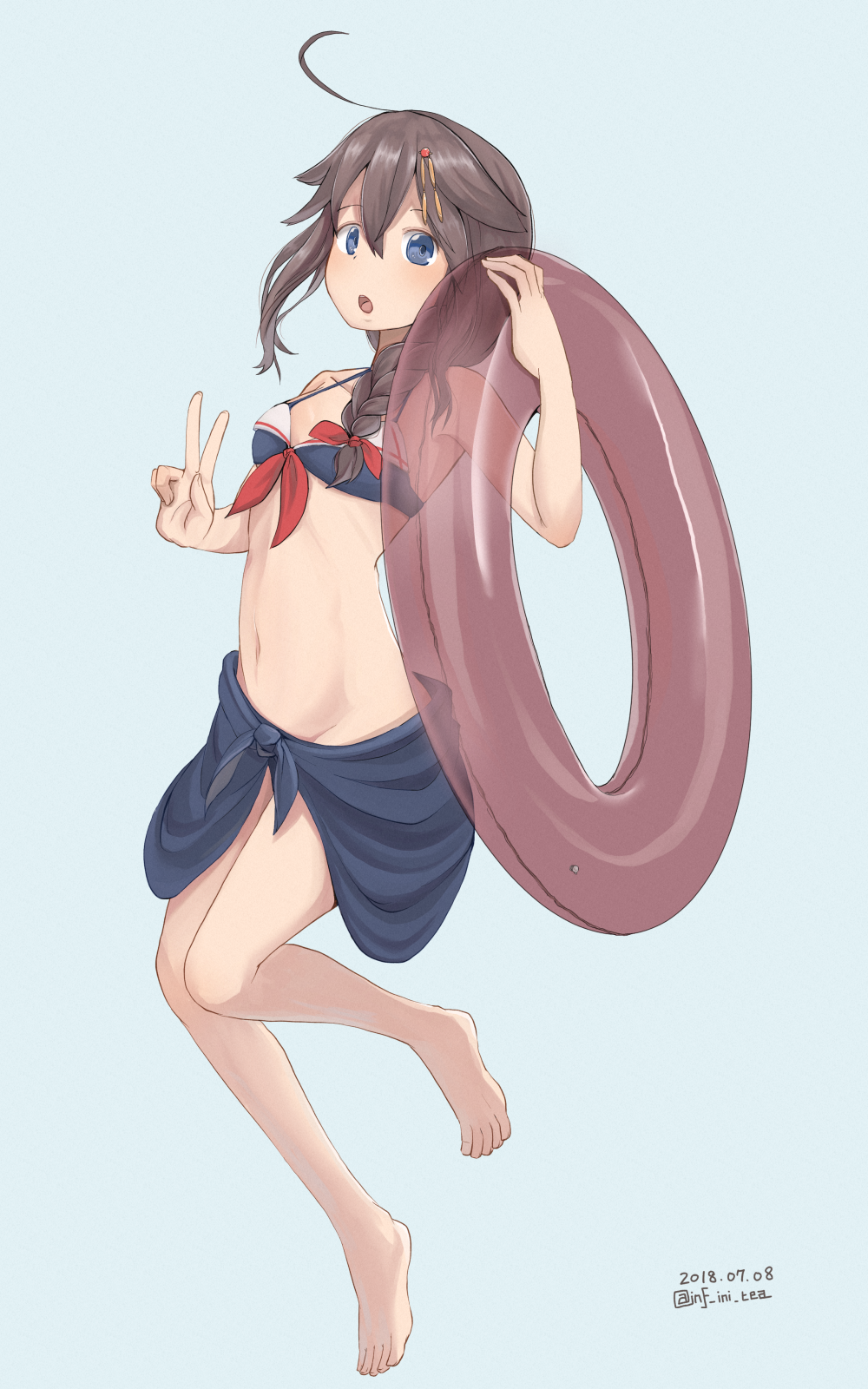 1girl adapted_costume ahoge barefoot bikini black_bikini black_hair black_sarong blue_eyes braid breasts front-tie_top full_body hair_flaps hair_over_shoulder highres holding holding_innertube infini innertube kantai_collection looking_at_viewer remodel_(kantai_collection) shigure_(kantai_collection) single_braid small_breasts solo swimsuit