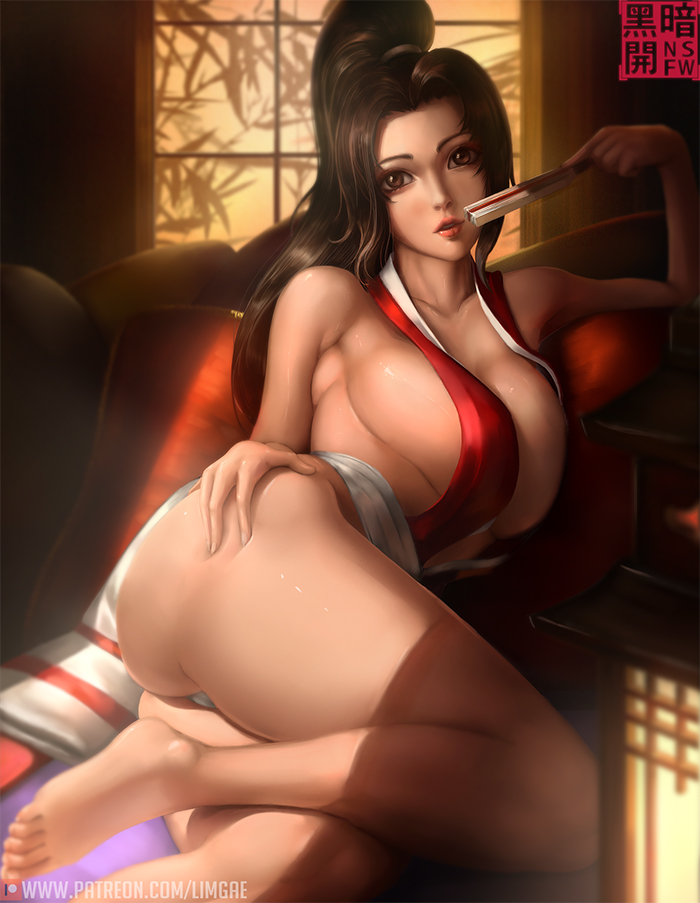 1girl barefoot breasts brown_eyes brown_hair cleavage closed_fan couch fan fatal_fury folding_fan hand_on_hip high_ponytail holding holding_fan japanese_clothes large_breasts leaf limgae looking_at_viewer lying ninja on_side patreon_username pelvic_curtain pillow ponytail revealing_clothes shiranui_mai sideboob the_king_of_fighters under_boob window