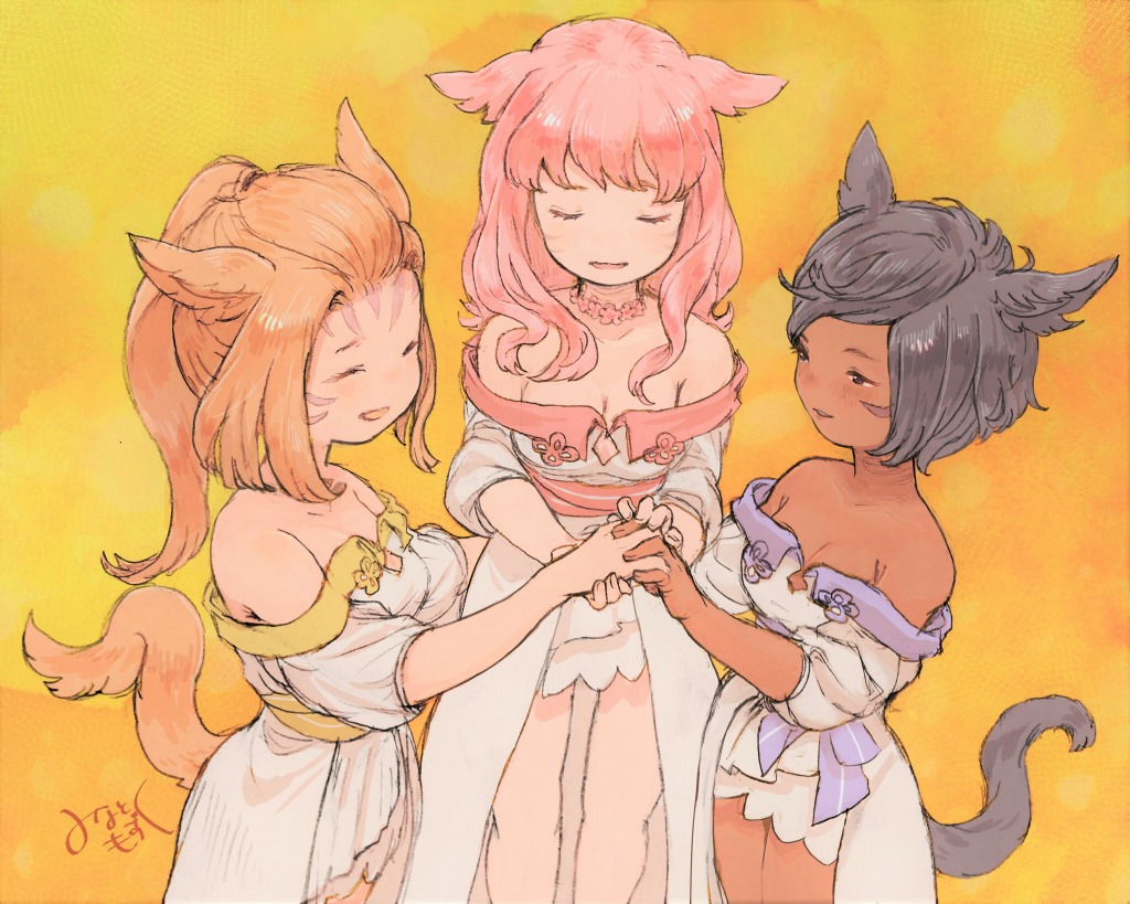 3girls animal_ears bare_shoulders black_hair blonde_hair breasts brown_eyes cat_ears cat_tail choker cleavage closed_eyes dress facial_mark final_fantasy final_fantasy_xiv hand_holding long_hair medium_breasts miqo'te mozuku_(mozuuru0323) multiple_girls open_mouth pink_hair short_hair signature standing strapless strapless_dress tail yellow_background