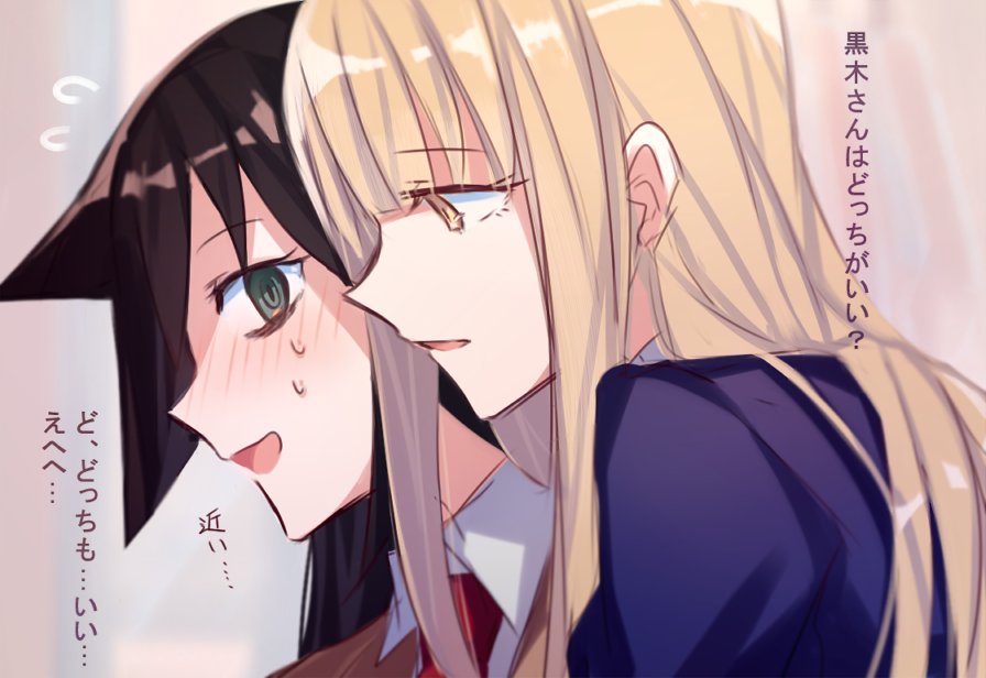 2girls aoki_shizumi bangs black_hair blonde_hair collared_shirt flying_sweatdrops green_eyes katou_asuka kuroki_tomoko long_hair looking_at_another multiple_girls necktie open_mouth portrait profile shirt smile sweat translated watashi_ga_motenai_no_wa_dou_kangaetemo_omaera_ga_warui! yellow_eyes yuri