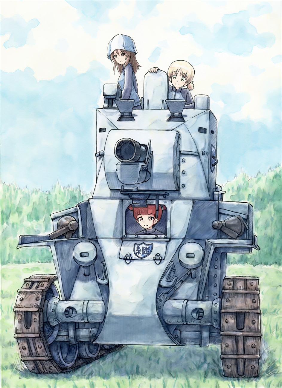 3girls aki_(girls_und_panzer) blue_hat blue_jacket blue_sky brown_eyes brown_hair bt-42 caterpillar_tracks closed_mouth clouds cloudy_sky commentary day girls_und_panzer green_eyes ground_vehicle hair_tie hat highres jacket keizoku_military_uniform light_brown_hair long_sleeves mika_(girls_und_panzer) mikko_(girls_und_panzer) military military_uniform military_vehicle motor_vehicle multiple_girls omachi_(slabco) outdoors raglan_sleeves red_eyes redhead riding short_hair short_twintails sky smile tank track_jacket traditional_media twintails uniform