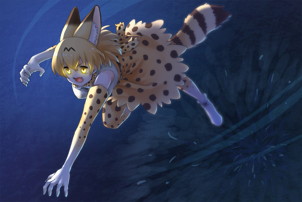 1girl animal_ears blonde_hair commentary dark elbow_gloves fang gloves glowing glowing_eyes inukoro_(spa) kemono_friends open_mouth outstretched_arms pouncing serval_(kemono_friends) serval_ears serval_print serval_tail short_hair skirt slit_pupils solo tail yellow_eyes