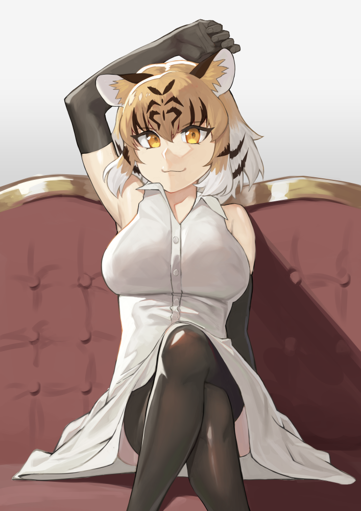 1girl :3 alternate_costume animal_ears animal_print bare_shoulders black_hair cinko17817 collared_dress commentary dress elbow_gloves eyebrows_visible_through_hair gloves kemono_friends legs_crossed multicolored_hair orange_hair short_hair sitting sleeveless sleeveless_dress solo thigh-highs tiger_(kemono_friends) tiger_ears tiger_print white_dress white_hair