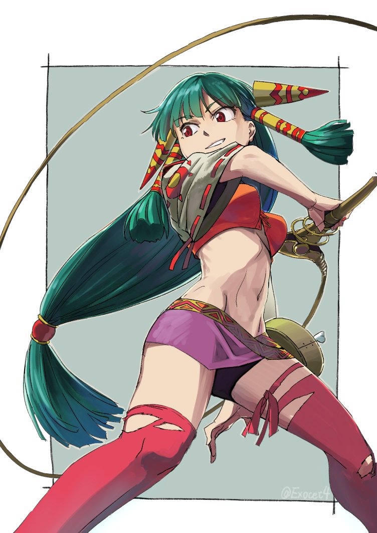 1girl boots feena_(grandia) grandia grandia_i green_hair grin holding_whip long_hair navel nekoguchi red_eyes red_legwear skirt smile solo thigh-highs thigh_boots