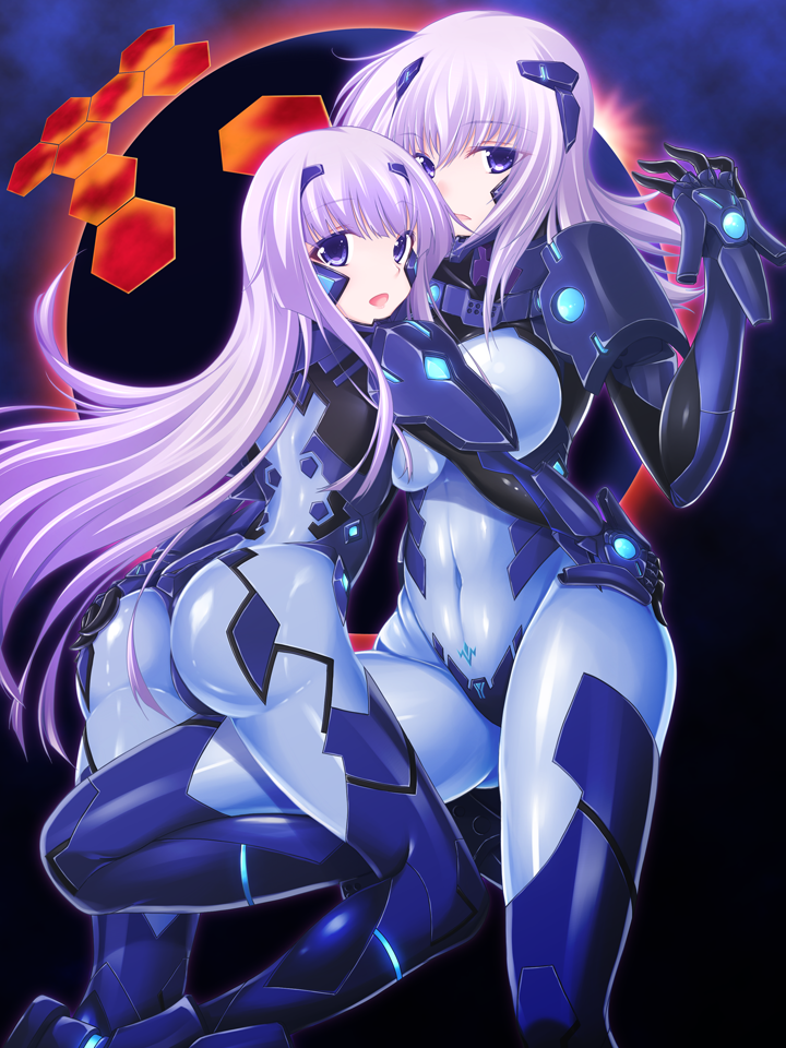 2girls :o armor ass asymmetrical_docking black_background blue_eyes blue_legwear bodysuit breast_press breasts commentary_request covered_navel cryska_barchenowa gauntlets groin headset hug inia_sestina large_breasts long_hair multiple_girls muvluv muvluv_alternative muvluv_total_eclipse official_art oukasirayami skin_tight standing very_long_hair white_hair