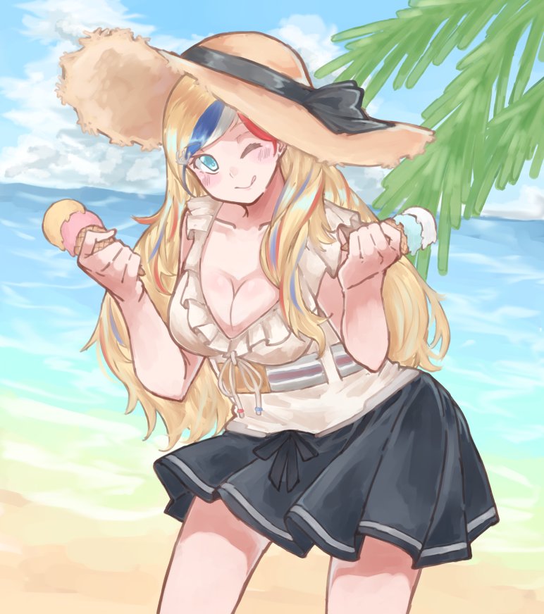 1girl aqua_eyes az_toride bangs beach belt belt_buckle blouse breasts buckle cleavage clouds cloudy_sky collarbone commandant_teste_(kantai_collection) commentary dress food hat hat_ribbon holding holding_food ice_cream_cone kantai_collection large_breasts long_hair low_neckline multicolored_hair ocean pleated_skirt ribbon shoreline skirt sky smile solo streaked_hair sun_hat swept_bangs