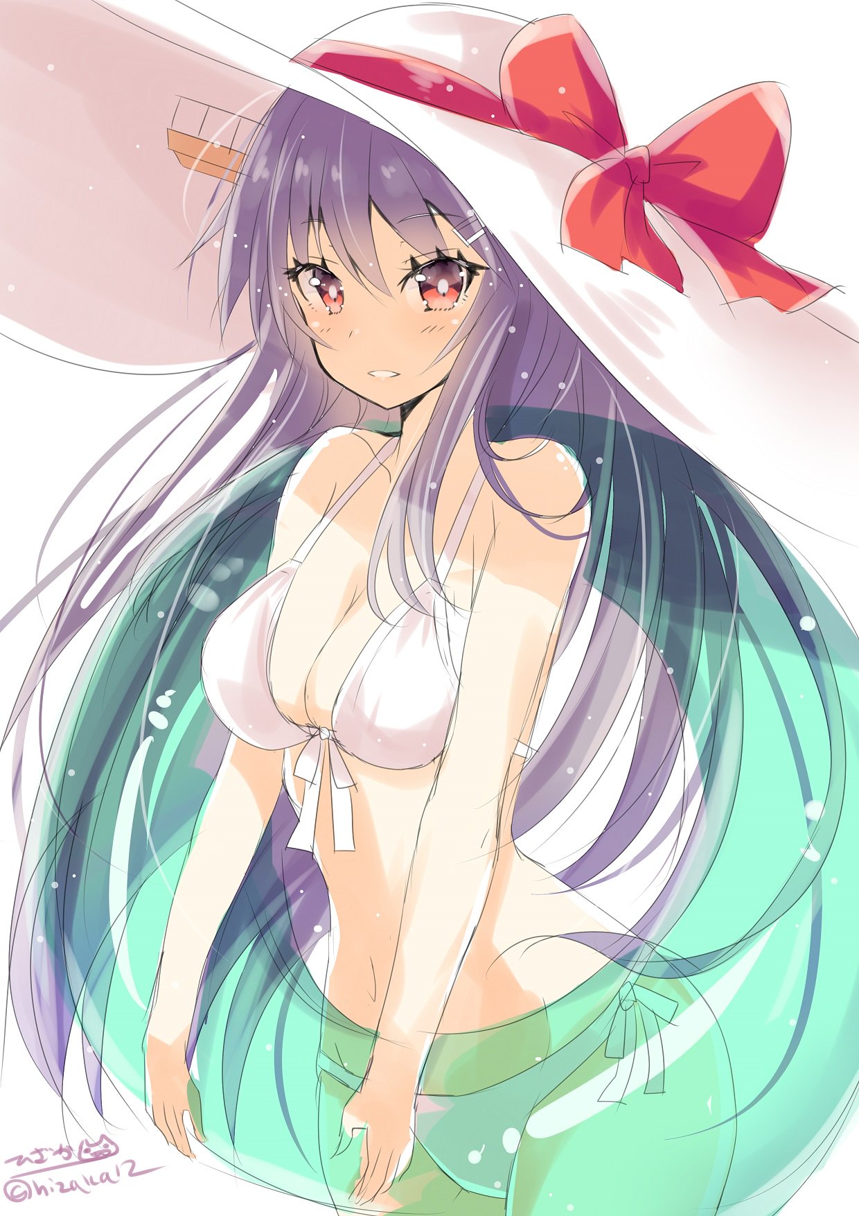 1girl alternate_costume bikini black_hair blush breasts hair_ornament hairclip haruna_(kantai_collection) hat highres hizaka kantai_collection long_hair looking_at_viewer medium_breasts red_eyes simple_background solo swimsuit twitter_username white_background white_swimsuit