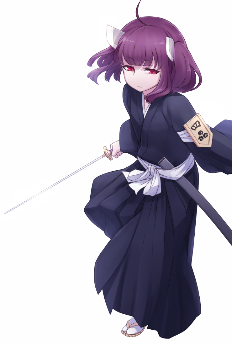 1girl ahoge bangs black_hakama closed_mouth eyebrows_visible_through_hair frown geta hakama holding holding_sword holding_weapon japanese_clothes katana long_sleeves mochi_(mochi444420) purple_hair red_eyes sheath short_hair simple_background solo sword tabi touhoku_kiritan voiceroid weapon white_background white_legwear wide_sleeves