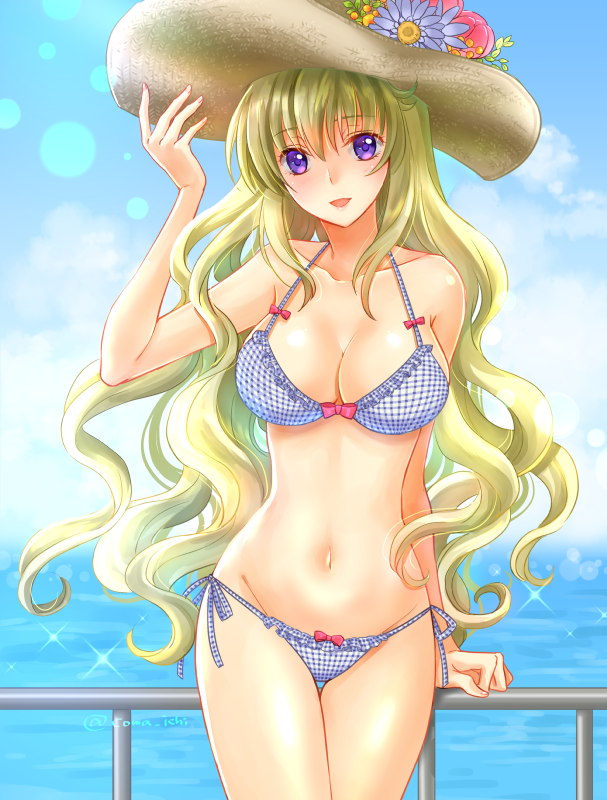1girl :d arm_support bikini blonde_hair blue_flower blue_sky breasts cleavage clouds code_geass:_boukoku_no_akito collarbone day eyebrows_visible_through_hair floating_hair flower groin hair_between_eyes hat hat_flower head_tilt komaichi large_breasts leila_(code_geass) lens_flare long_hair navel ocean open_mouth outdoors red_flower side-tie_bikini sky smile solo standing sun_hat swimsuit very_long_hair violet_eyes