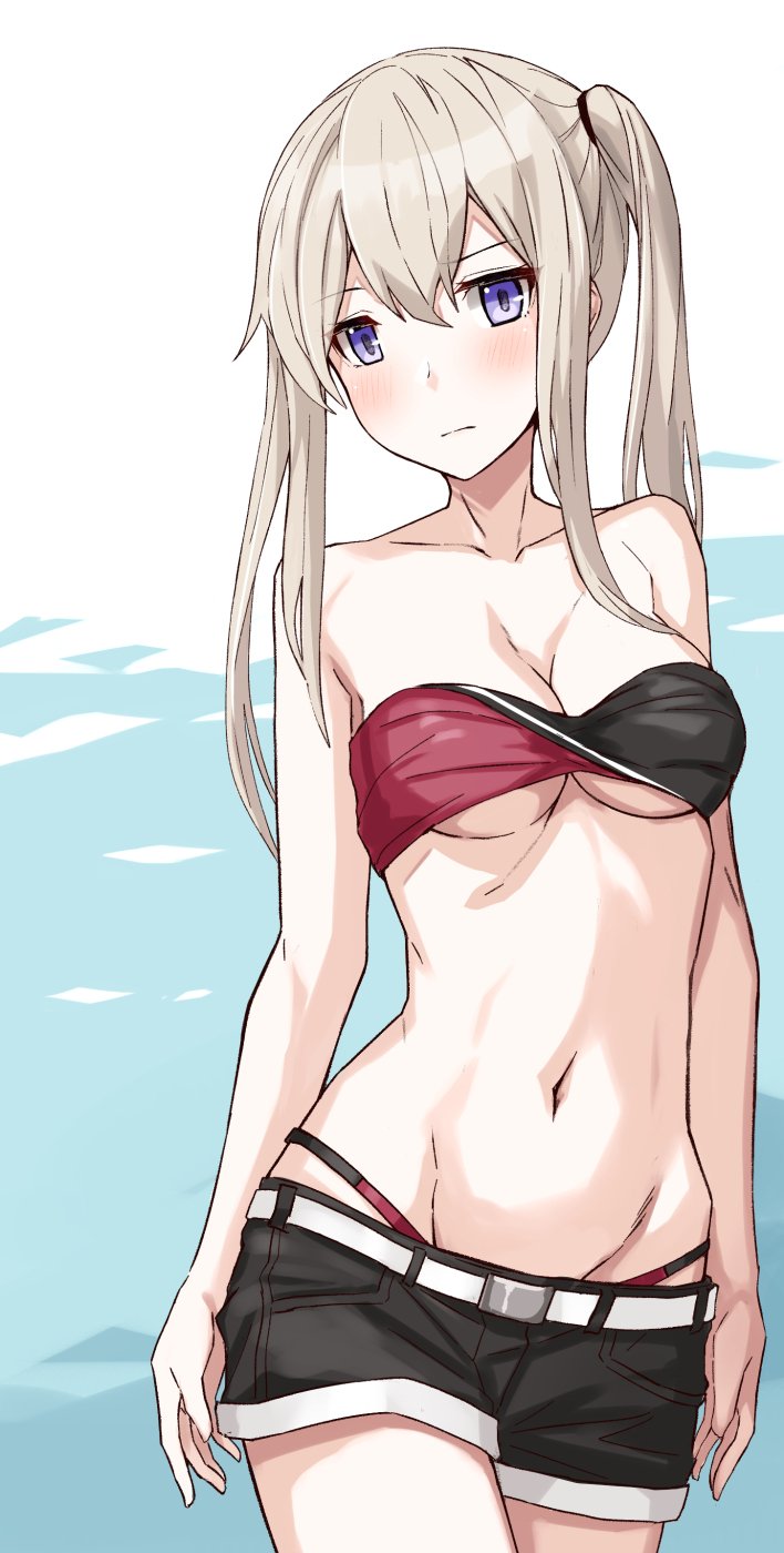 1girl alternate_costume bandeau bare_arms bare_shoulders belt bikini black_shorts blonde_hair blue_eyes blush breasts buckle cleavage closed_mouth collarbone graf_zeppelin_(kantai_collection) groin hair_between_eyes head_tilt highleg highleg_bikini highres kantai_collection large_breasts long_hair navel short_shorts shorts sidelocks solo stomach swimsuit takanashi_kei_(hitsujikan) thighs twintails under_boob