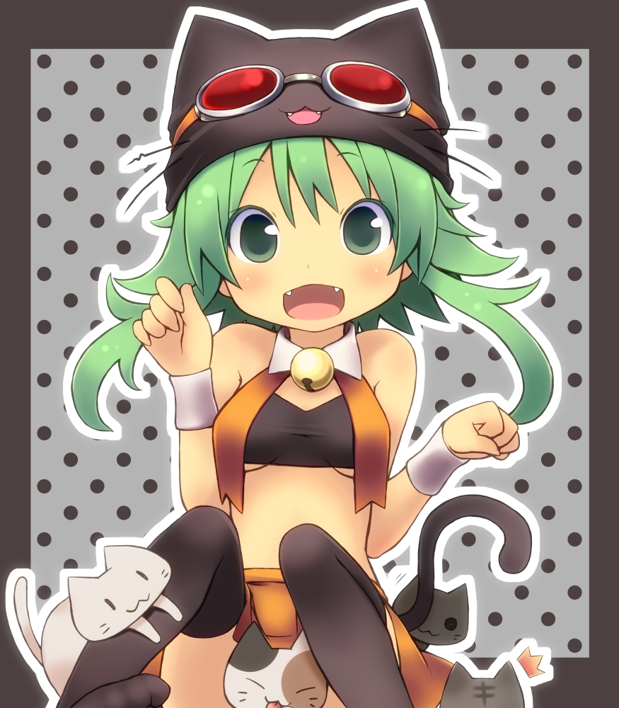 /\/\/\ 1girl :3 :d animal animal_hat bangs bell black_border black_cat black_legwear border breasts calico cat cat_hat convenient_censoring crop_top detached_collar eyebrows_visible_through_hair fangs goggles goggles_on_headwear green_eyes green_hair grey_background grey_cat gumi hat jingle_bell kuro_(kuroneko_no_kanzume) looking_at_viewer midriff neck_bell open_mouth orange_skirt outline paw_pose polka_dot polka_dot_background red_goggles short_hair_with_long_locks sitting skirt small_breasts smile solo thigh-highs under_boob vocaloid white_outline wristband