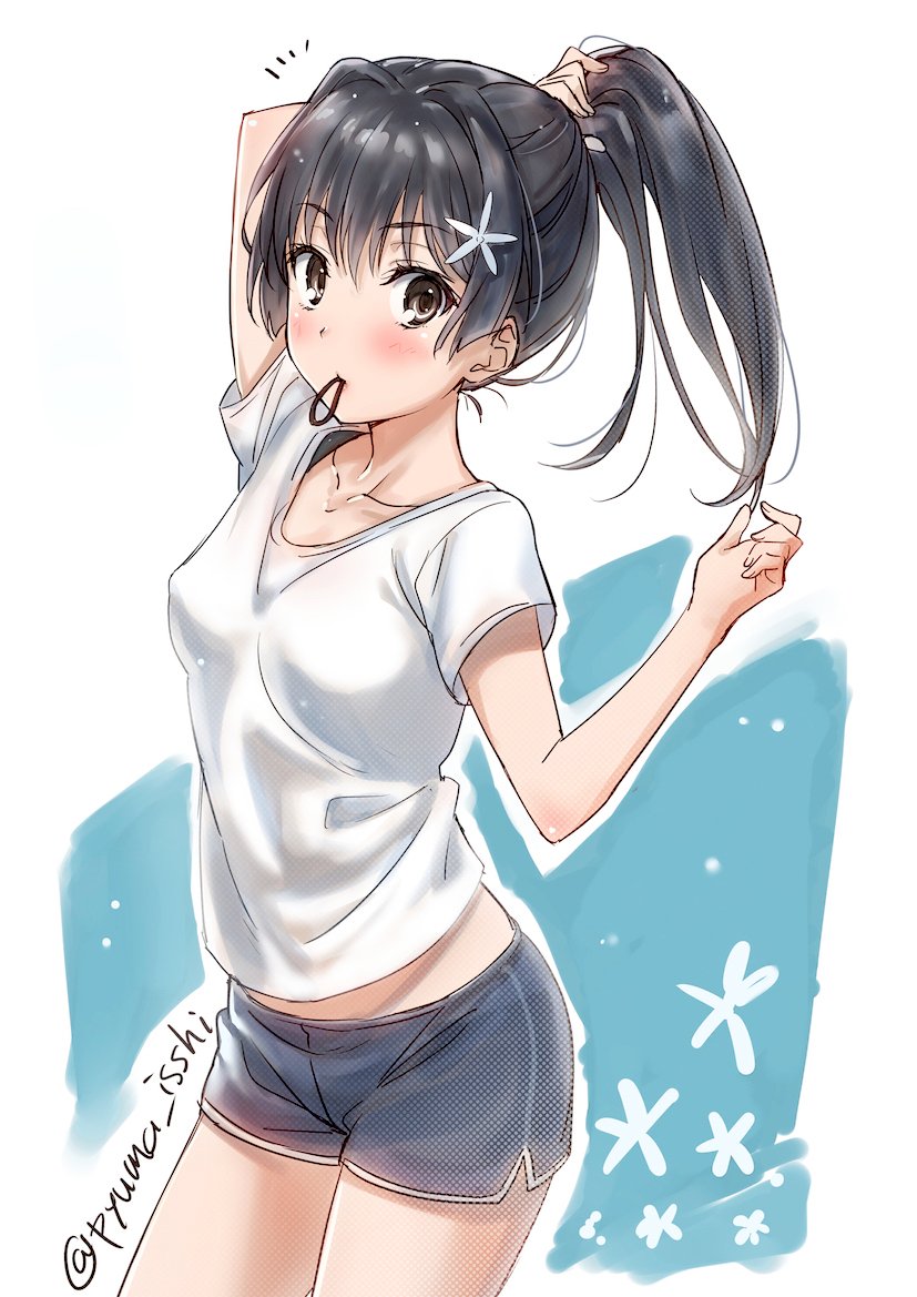 /\/\/\ 1girl alternate_hairstyle arm_up artist_name black_hair blush boyshorts breasts brown_eyes collarbone cowboy_shot eyebrows_visible_through_hair hair_ornament long_hair midriff mouth_hold ponytail puma_(hyuma1219) saten_ruiko shirt short_shorts shorts simple_background small_breasts solo t-shirt to_aru_kagaku_no_railgun to_aru_majutsu_no_index tying_hair