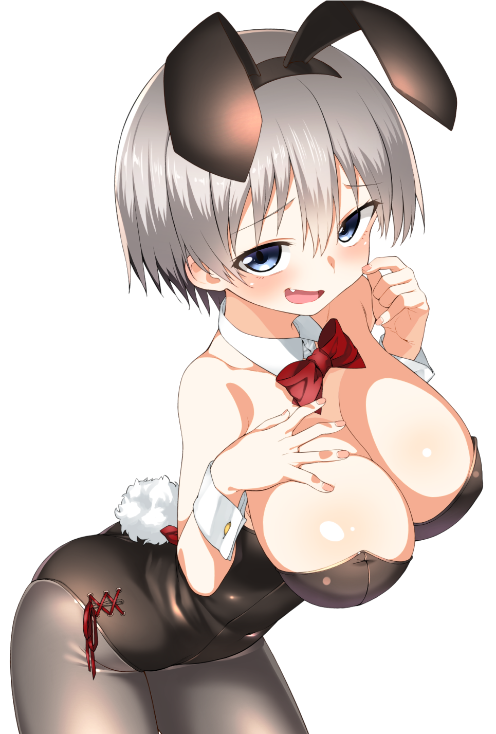 1girl animal_ears arched_back black_legwear blue_eyes blush bow bowtie breasts bunny_girl bunny_tail bunnysuit cleavage commentary_request contrapposto cowboy_shot detached_collar fake_animal_ears fang hairband hand_on_own_chest hatakenaka_(kamagabuchi) highres large_breasts leotard looking_at_viewer open_mouth pantyhose pinky_out rabbit_ears short_hair silver_hair simple_background smile solo tail uzaki-chan_wa_asobitai! uzaki_hana white_background wrist_cuffs