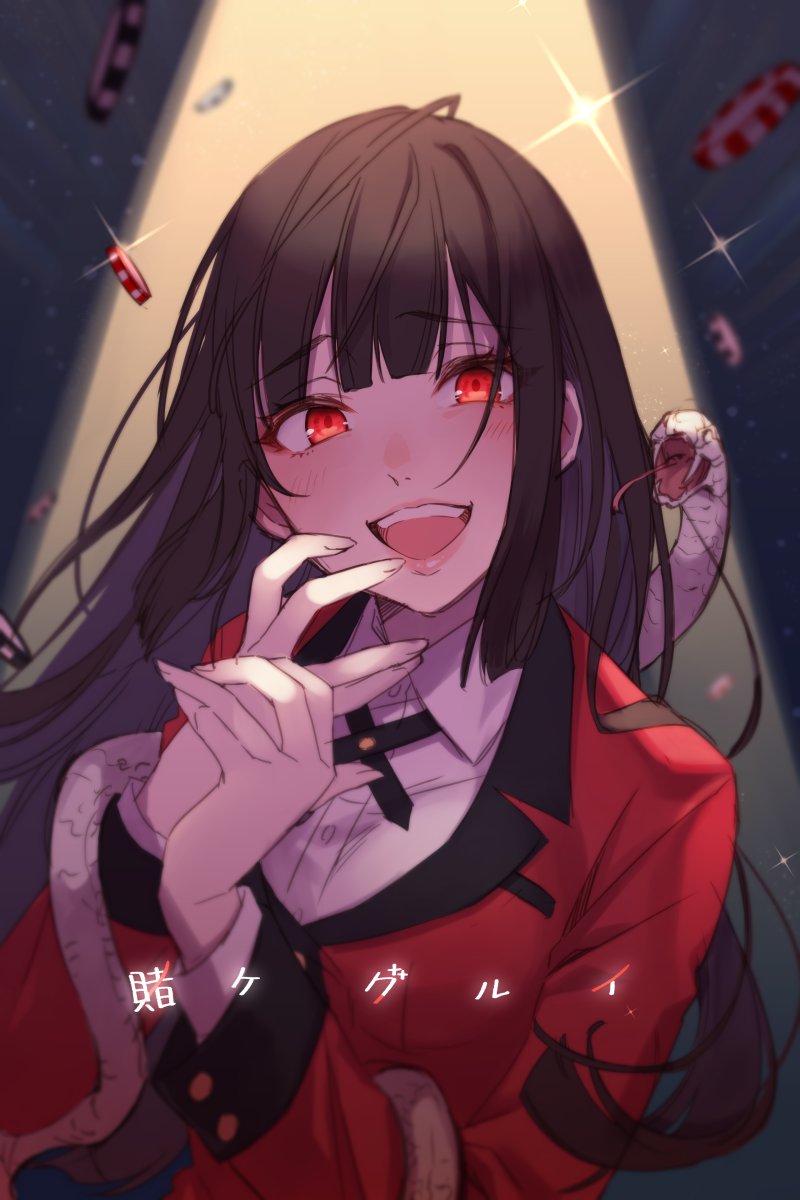 1girl :d bangs black_hair blunt_bangs blush breasts brown_hair commentary_request eyebrows_visible_through_hair highres hime_cut jabami_yumeko kakegurui large_breasts light lips long_hair looking_at_viewer open_mouth poker_chip red_eyes ribbon school_uniform shiny shirt smile snake solo tongue veryberry00