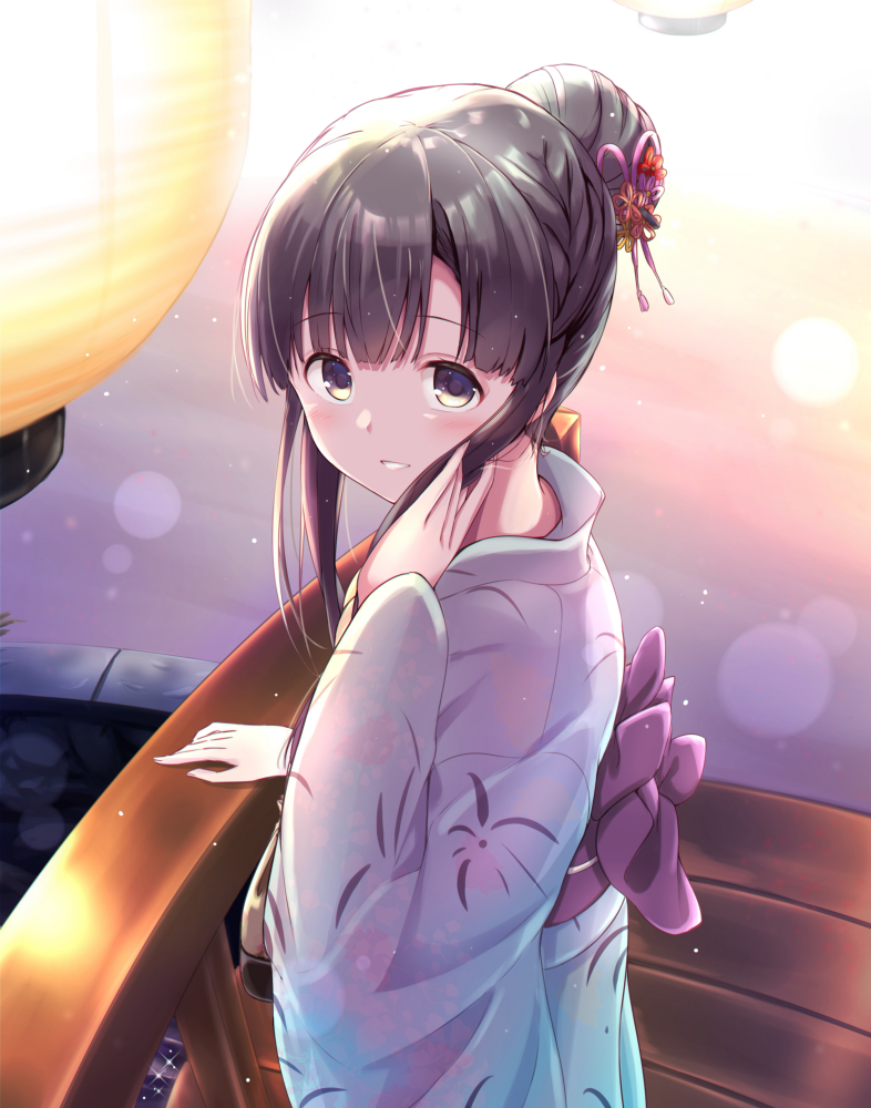 1girl akisaka_yamoka black_eyes black_hair eyebrows_visible_through_hair flower hair_bun hair_flower hair_ornament hand_in_hair idolmaster idolmaster_cinderella_girls japanese_clothes kimono kobayakawa_sae lantern long_hair looking_at_viewer smile solo upper_body yukata