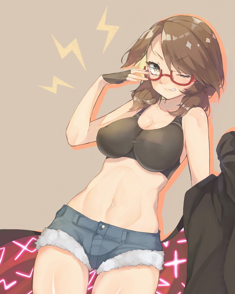 1girl breasts brown_hair cape clenched_teeth commentary_request cowboy_shot denim denim_shorts fingerless_gloves glasses gloves green_eyes large_breasts midriff navel no_headwear red-framed_eyewear sakuratsuki short_shorts shorts teeth touhou usami_sumireko