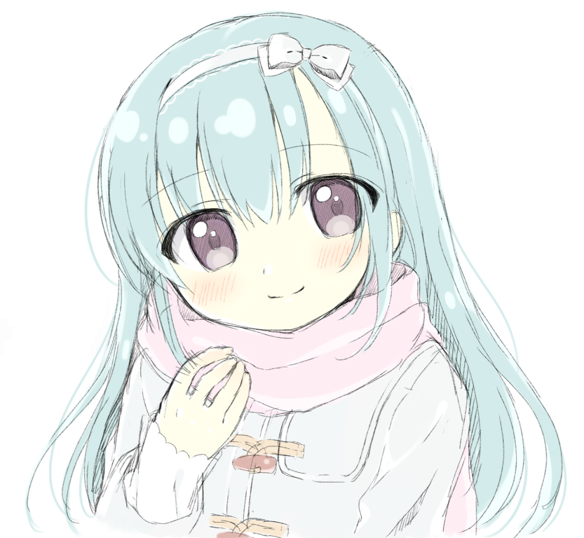 1girl bangs blue_hair blush bow brown_eyes closed_mouth coat eyebrows_visible_through_hair hair_between_eyes hair_bow hairband hand_up long_hair long_sleeves original pink_scarf riria_(happy_strawberry) scarf simple_background sleeves_past_wrists smile solo white_background white_bow white_coat white_hairband