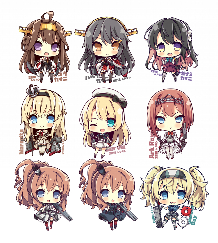 6+girls :&gt; ahoge akikaze_tsumuji aqua_eyes ark_royal_(kantai_collection) arm_up arrow bare_shoulders black_dress black_hair black_legwear blue_eyes blush bow bow_(weapon) breasts brown_eyes brown_hair character_name chibi compound_bow crown dress fang flight_deck gambier_bay_(kantai_collection) hair_bow hair_intakes hair_ornament hair_ribbon hairclip haruna_(kantai_collection) jervis_(kantai_collection) kantai_collection kongou_(kantai_collection) long_hair looking_at_viewer mini_crown multicolored_hair multiple_girls naganami_(kantai_collection) neckerchief nontraditional_miko one_eye_closed open_mouth pink_hair ponytail red_dress red_legwear redhead remodel_(kantai_collection) ribbon rigging saratoga_(kantai_collection) school_uniform serafuku short_hair smile tears thigh-highs twintails violet_eyes warspite_(kantai_collection) weapon white_dress wide_sleeves