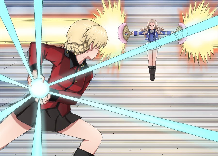 2girls :o bangs bc_freedom_(emblem) bc_freedom_military_uniform black_footwear black_skirt blonde_hair blue_jacket blue_vest boots braid closed_eyes commentary_request darjeeling dress_shirt drill_hair dual_wielding emblem emphasis_lines energy_ball energy_beam epaulettes fan floating folding_fan from_behind girls_und_panzer high_collar holding jacket kamehameha knee_boots long_hair long_sleeves looking_at_another marie_(girls_und_panzer) military military_uniform miniskirt motion_lines multiple_girls omachi_(slabco) open_mouth outstretched_arms pleated_skirt red_jacket shirt short_hair skirt spread_arms st._gloriana's_military_uniform standing tied_hair twin_braids uniform vest white_shirt white_skirt