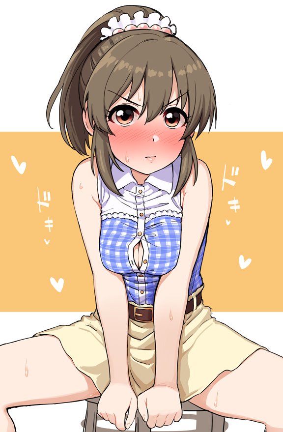 1girl beige_skirt blue_shirt blush brown_eyes brown_hair collared_shirt copyright_request frown full-face_blush looking_at_viewer omaru_gyuunyuu plaid plaid_shirt ponytail shirt skirt sleeveless solo spread_legs sweat