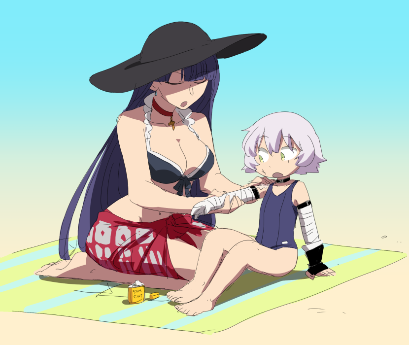 2girls :o asaya_minoru bandage bandaged_arm bangs bare_arms bare_legs bare_shoulders barefoot beach bikini_top black_bikini_top black_gloves black_hat blanket blue_sky blue_swimsuit blunt_bangs breasts cleavage closed_eyes collarbone day eyebrows_visible_through_hair facial_scar fate/grand_order fate_(series) fingerless_gloves gloves green_eyes hair_between_eyes hat jack_the_ripper_(fate/apocrypha) long_hair lotion medium_breasts multiple_girls navel one-piece_swimsuit open_mouth outdoors purple_hair red_sarong saint_martha saint_martha_(swimsuit_ruler)_(fate) sand sarong scar scar_across_eye scar_on_cheek school_swimsuit seiza short_hair single_glove sitting sky sun_hat sunscreen swimsuit v-shaped_eyebrows very_long_hair