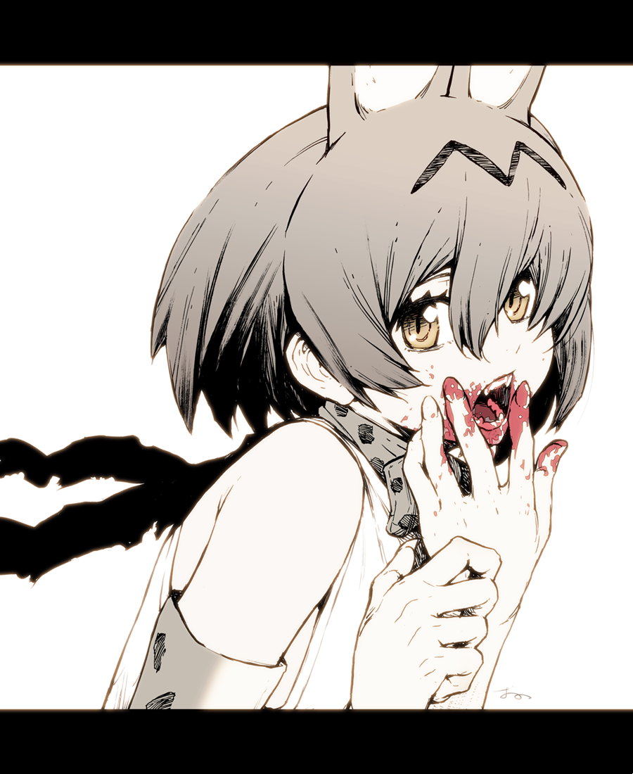 1girl animal_ears bare_shoulders blood blood_on_face blood_on_fingers bow bowtie extra_ears fangs from_side greyscale hair_between_eyes hand_to_own_mouth kemono_friends letterboxed line_shading looking_at_viewer monochrome oono_tsutomu open_mouth serval_(kemono_friends) serval_ears serval_print shirt short_hair simple_background sleeveless sleeveless_shirt solo spot_color upper_body visible_ears white_background white_shirt yellow_eyes