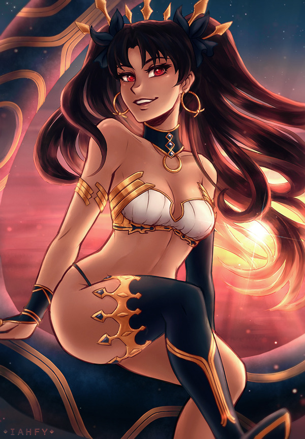 1girl armlet armor bikini_armor black_ribbon breasts brown_hair cleavage crown detached_collar earrings elbow_gloves fate/grand_order fate_(series) gloves hair_ribbon hoop_earrings iahfy image_sample ishtar_(fate/grand_order) jewelry long_hair medium_breasts red_eyes ribbon single_detached_sleeve single_elbow_glove single_thighhigh sitting smile solo sunset thigh-highs tumblr_sample two_side_up