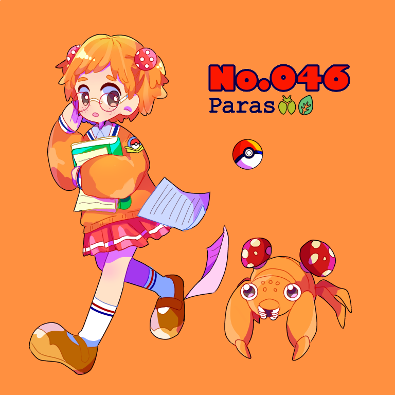 1girl :o adjusting_eyewear brown_eyes brown_footwear character_name food_themed_hair_ornament freckles full_body glasses hair_ornament hand_up jacket mameeekueya moemon mushroom_hair_ornament orange_(color) orange_background orange_hair orange_jacket papers paras personification poke_ball pokeball_symbol pokemon pokemon_(creature) pokemon_number red_skirt short_hair simple_background socks walking white_legwear