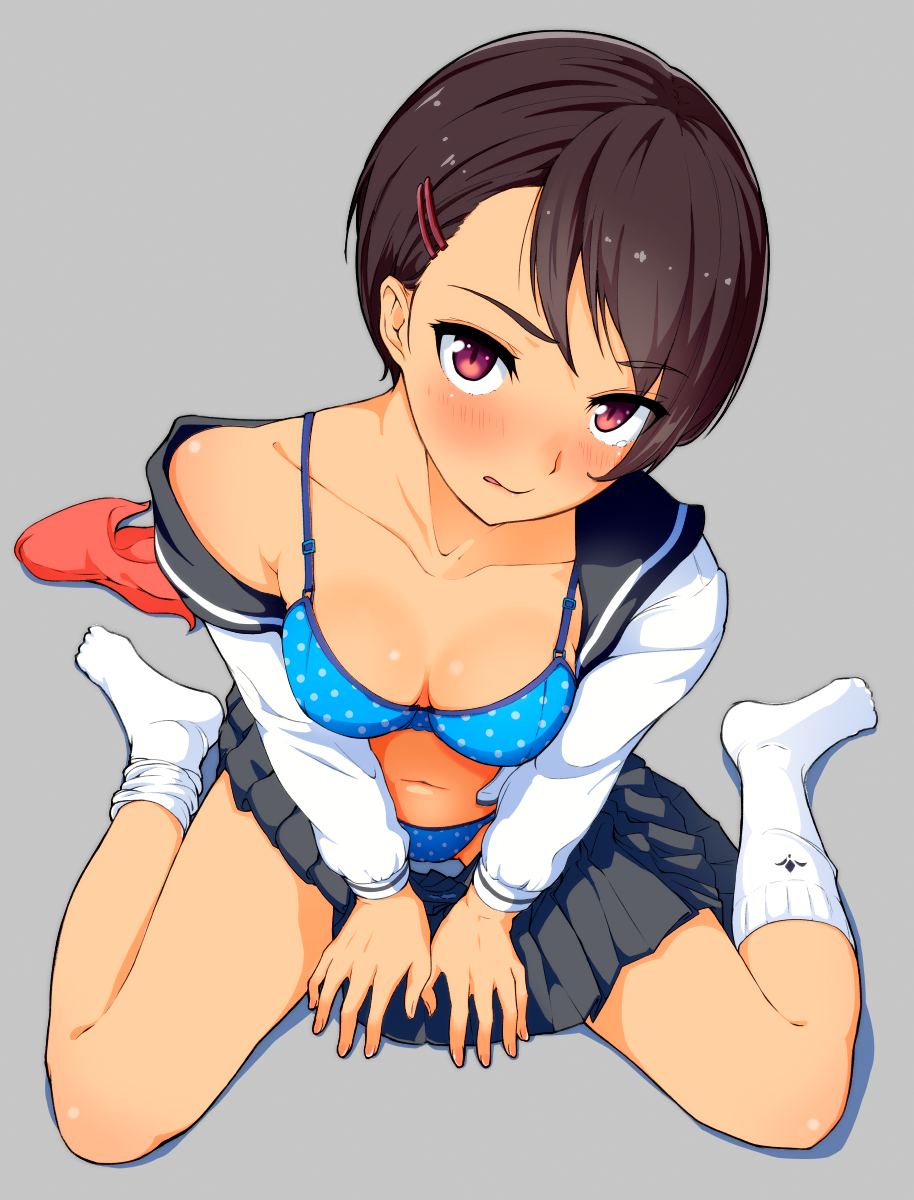 1girl black_skirt blue_bra blue_panties blush bra breasts brown_hair cleavage collarbone dark_skin eyebrows_visible_through_hair from_above hair_ornament hairclip hi_iro highres kneehighs licking_lips long_sleeves looking_at_viewer looking_up medium_breasts navel off_shoulder open_clothes open_shirt original panties pleated_skirt polka_dot polka_dot_bra polka_dot_panties red_eyes sailor_collar school_uniform short_hair sitting skirt solo tongue tongue_out underwear undressing wariza white_legwear