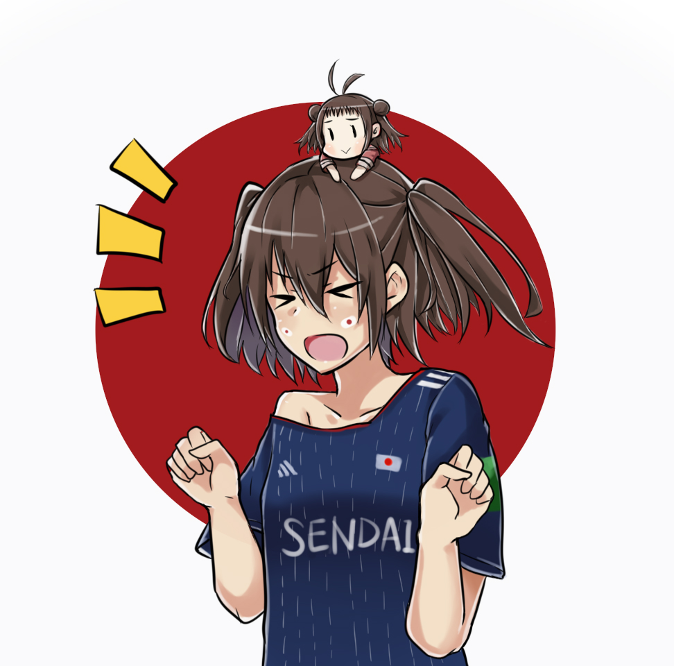 2018_fifa_world_cup 2girls adidas alternate_costume blue_shirt brown_hair closed_eyes commentary_request facepaint japanese_flag kantai_collection kuroinu9 miniskirt multiple_girls naka_(kantai_collection) off_shoulder on_head open_mouth person_on_head sendai_(kantai_collection) shirt skirt soccer_uniform solo_focus sportswear striped striped_shirt two_side_up upper_body w_arms world_cup