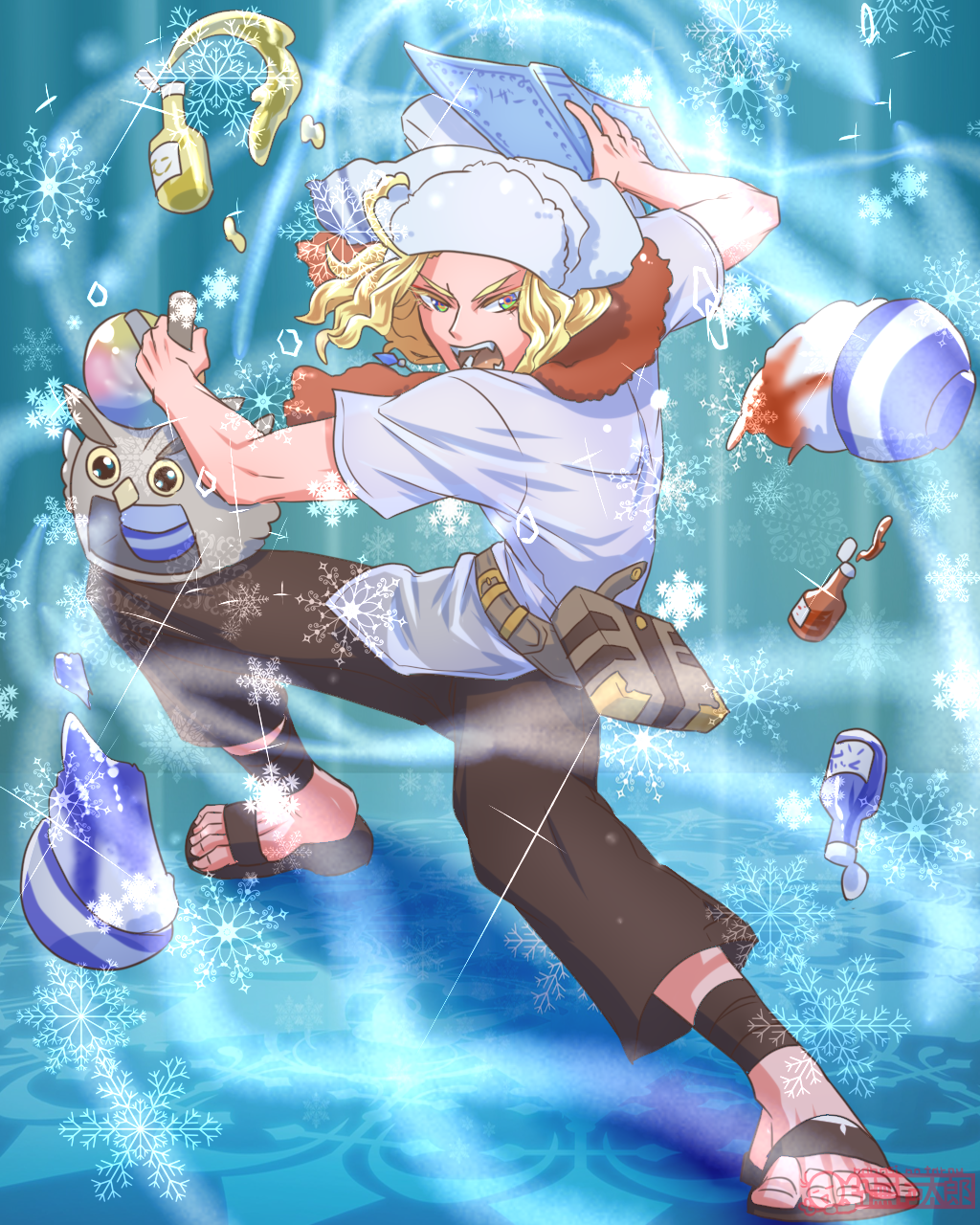 1boy alternate_costume artist_name belt blonde_hair book bottle ellerean fire_emblem fire_emblem:_shin_monshou_no_nazo fire_emblem_heroes full_body green_eyes highres jewelry long_hair male_focus necklace open_mouth sandals shaved_ice solo sparkle sting_chameleao teeth towel